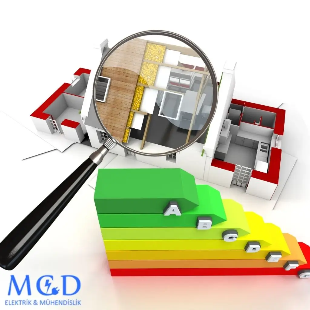 MCD Elektrik Mühendislik logosunun yer aldığı, bir büyüteçle incelenen bina modeli ve A’dan G’ye enerji verimliliği skalasını gösteren renkli bir grafik içeren görsel.